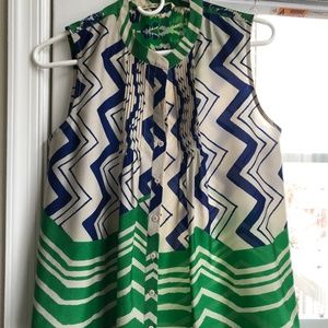 Blue and Green Patterned Sleeveless Blouse